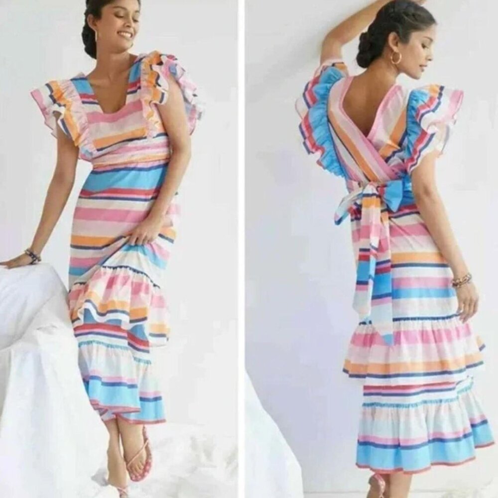 Anthropologie colorful  striped ruffle maxi dress